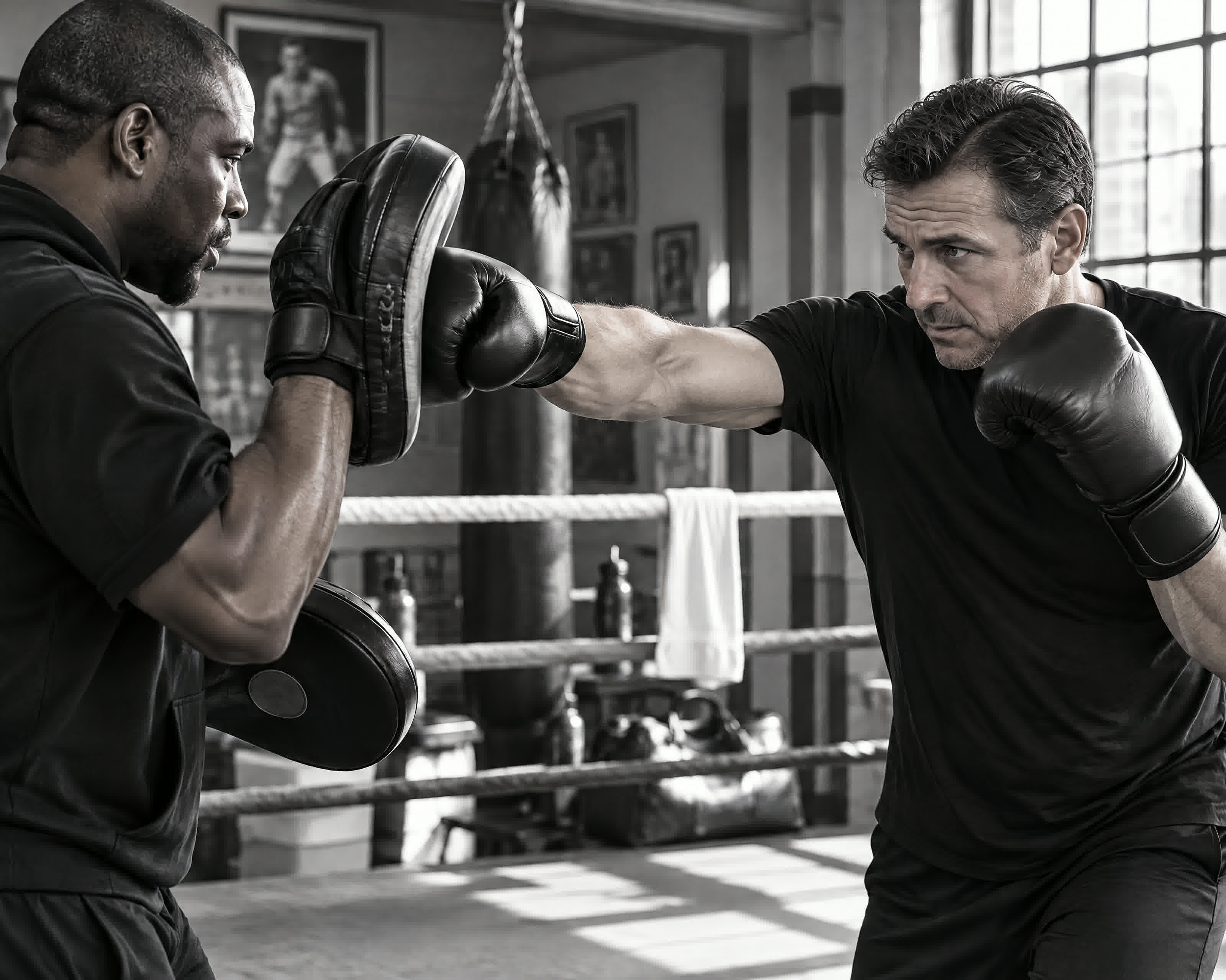Boxing coach and executive practising focus and decision-making under pressure